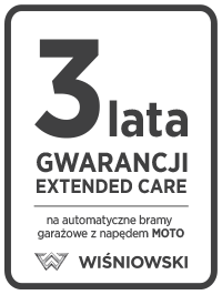zdjęcie przedstawiające grafikę 3 lata gwarancji, extended care na automatyczne bramy garażowe z napędem moto, której producentem jest firma wiśniowski