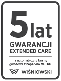 zdjęcie przedstawiające grafikę 5 lat gwarancji, extended care na automatyczne bramy garażowe z napędem moto, której producentem jest firma wiśniowski