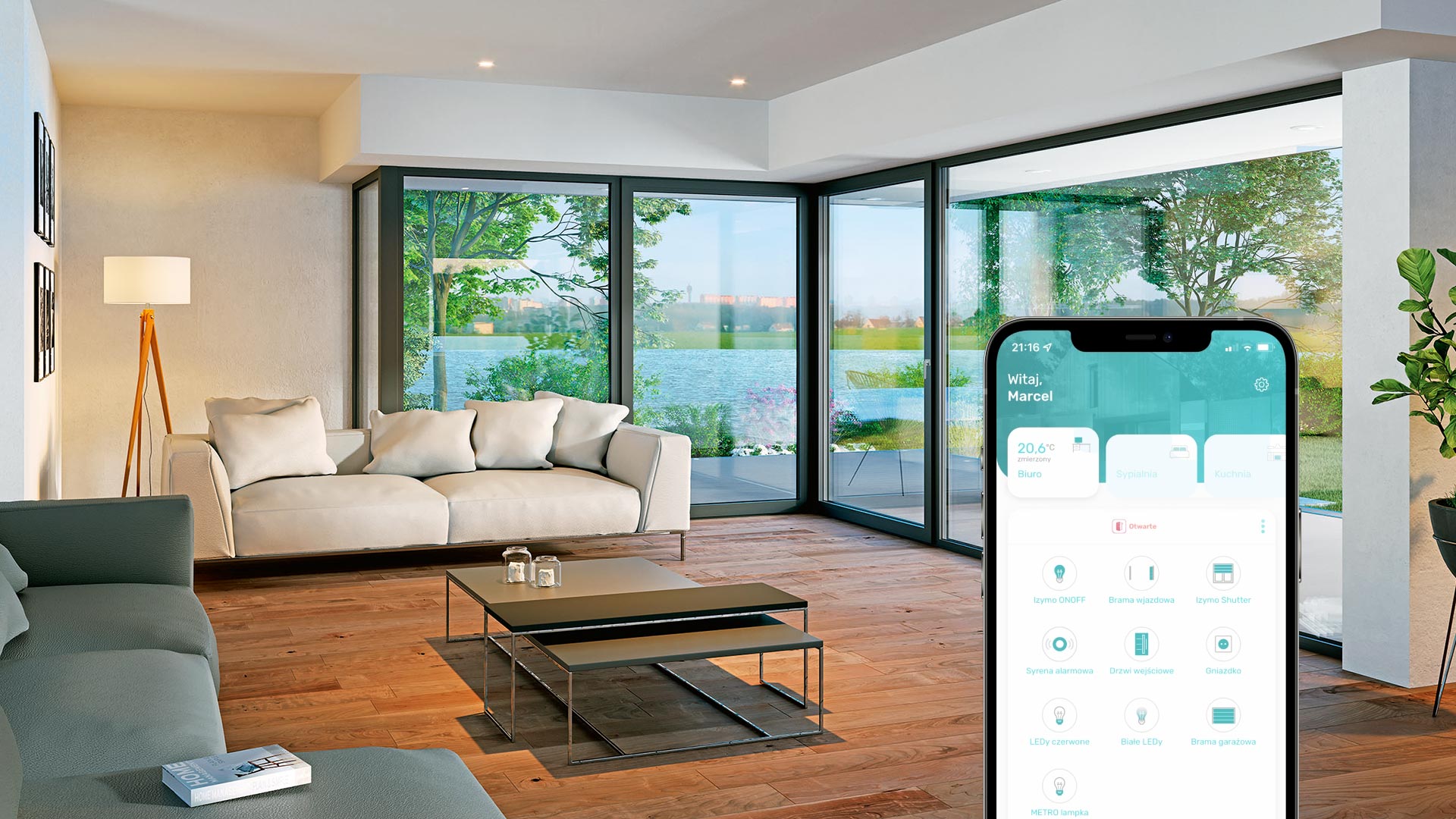 Zdjęcie przedstawiające wnętrze salonu z oknami przesuwnymi oraz aplikację Smart Connected.